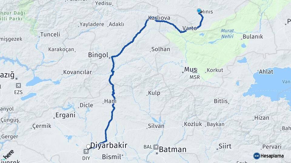 Erzurum Hınıs Diyarbakır Arası Kaç Km - Yol Haritası