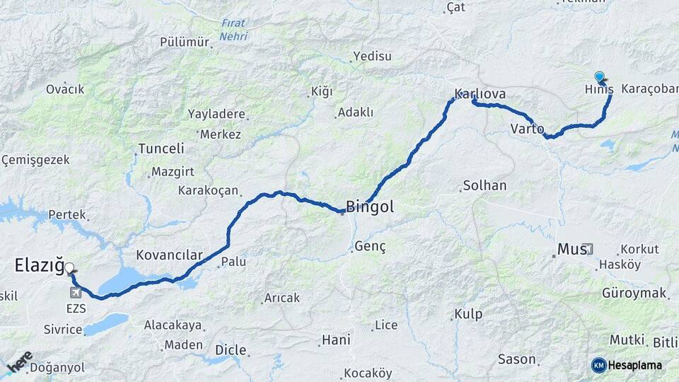 Erzurum Hınıs Elazığ Arası Kaç Km - Yol Haritası