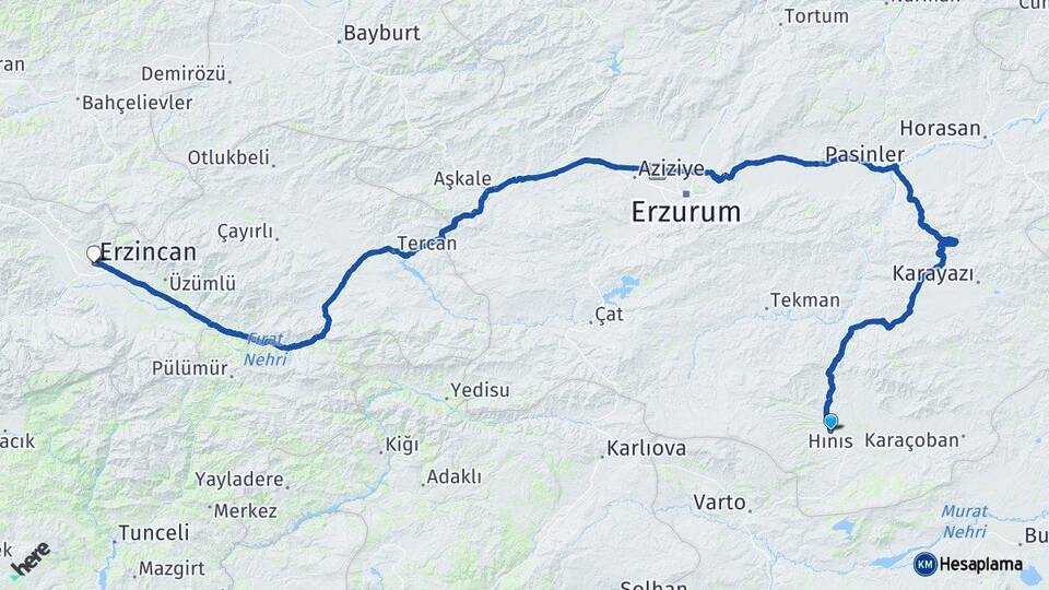 Erzurum Hınıs Erzincan Arası Kaç Km - Yol Haritası