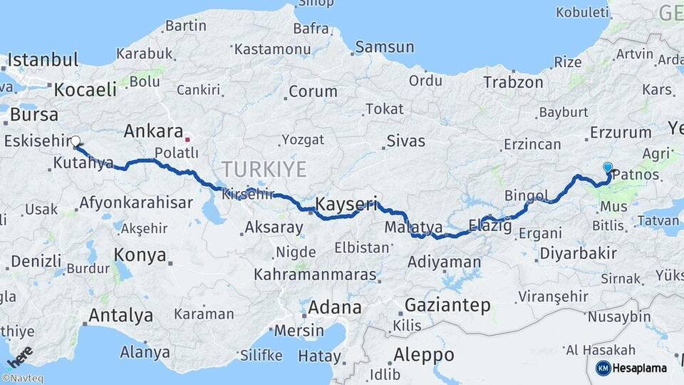Erzurum Hınıs Eskişehir Arası Kaç Km - Yol Haritası
