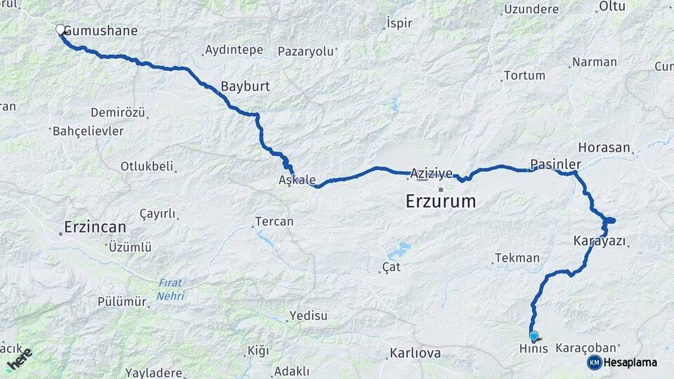 Erzurum Hınıs Gümüşhane Arası Kaç Km - Yol Haritası