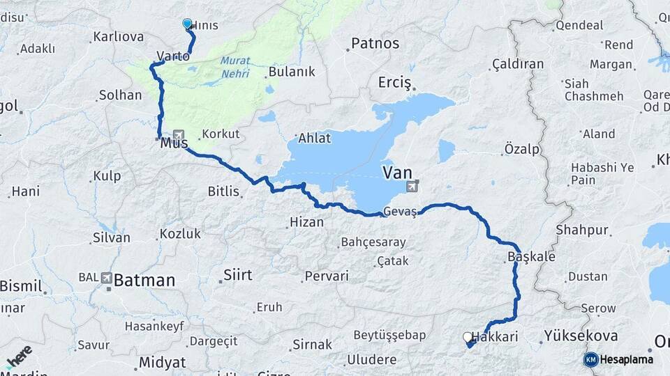 Erzurum Hınıs Hakkari Arası Kaç Km - Yol Haritası
