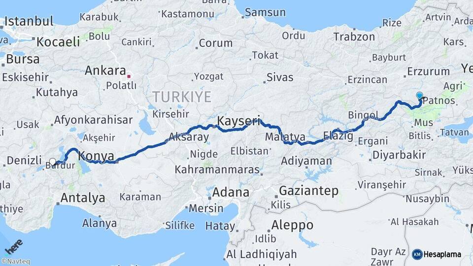 Erzurum Hınıs Isparta Arası Kaç Km - Yol Haritası