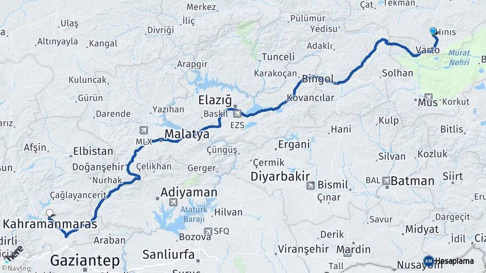 Erzurum Hınıs Kahramanmaraş Arası Kaç Km - Yol Haritası