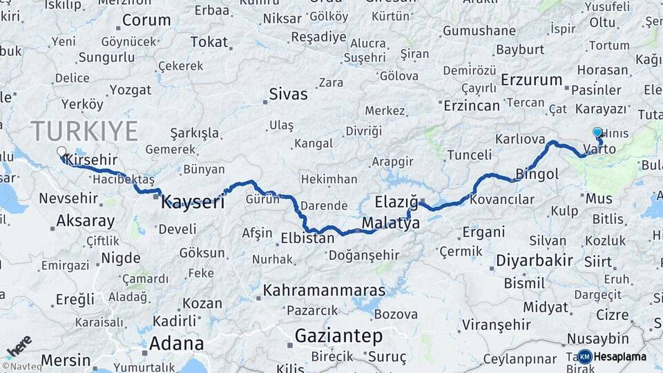 Erzurum Hınıs Kırşehir Arası Kaç Km - Yol Haritası