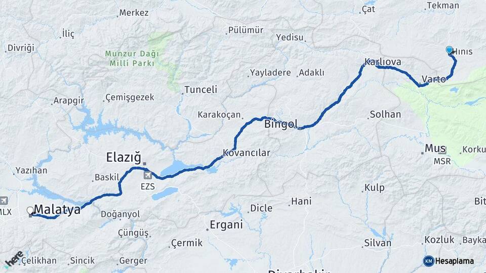 Erzurum Hınıs Malatya Arası Kaç Km - Yol Haritası