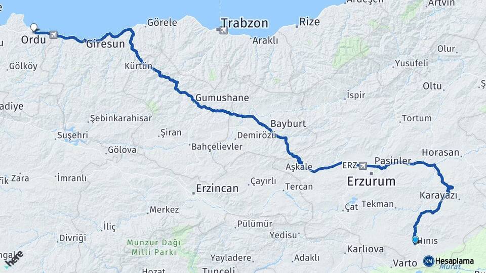 Erzurum Hınıs Ordu Arası Kaç Km - Yol Haritası