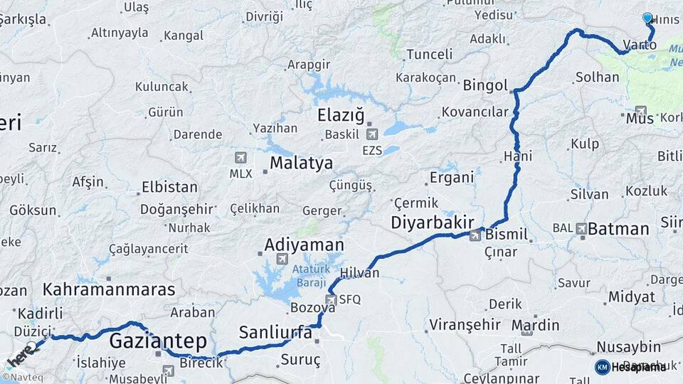 Erzurum Hınıs Osmaniye Arası Kaç Km - Yol Haritası