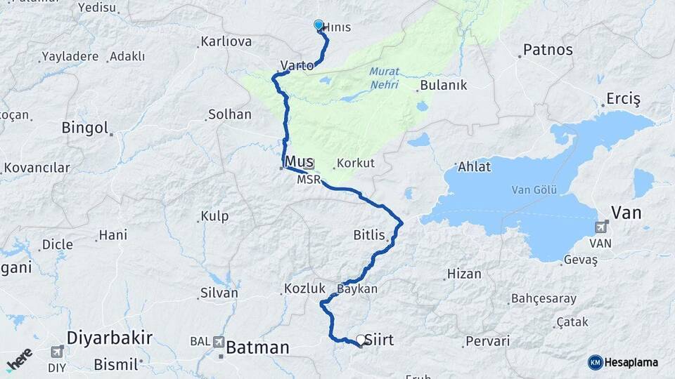 Erzurum Hınıs Siirt Arası Kaç Km - Yol Haritası