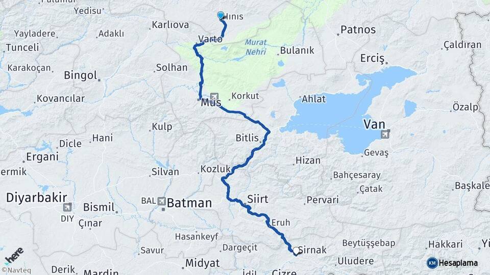 Erzurum Hınıs Şırnak Arası Kaç Km - Yol Haritası