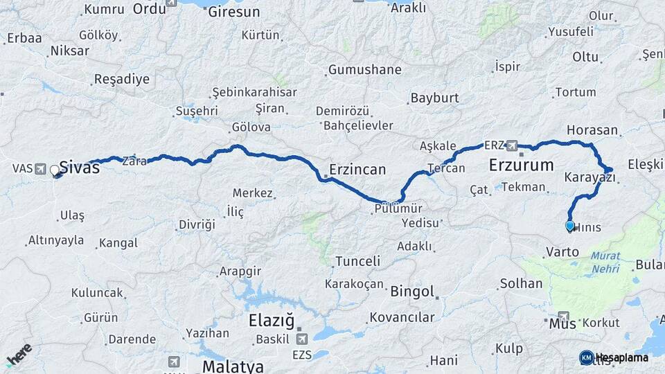 Erzurum Hınıs Sivas Arası Kaç Km - Yol Haritası