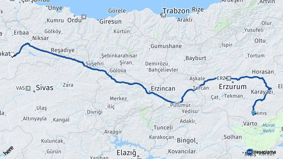 Erzurum Hınıs Tokat Arası Kaç Km - Yol Haritası