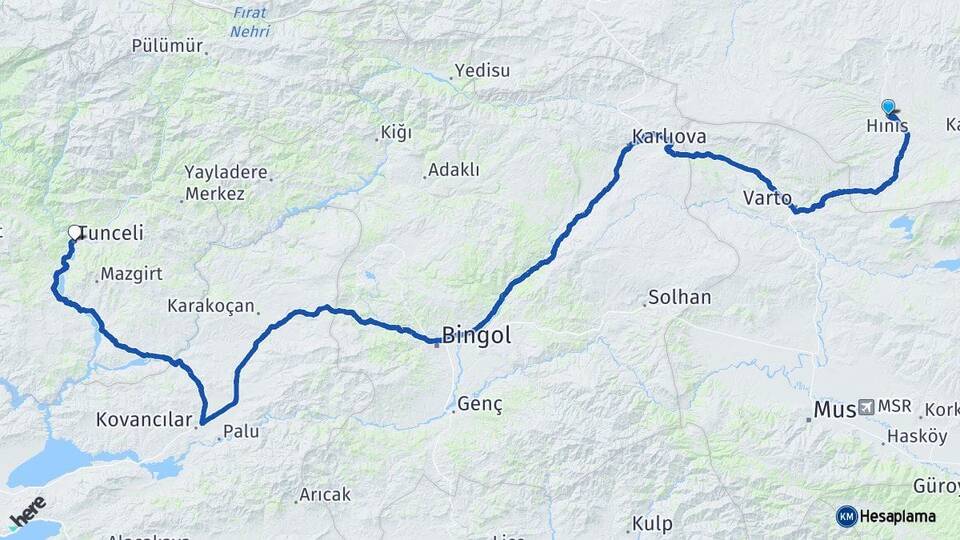 Erzurum Hınıs Tunceli Arası Kaç Km - Yol Haritası
