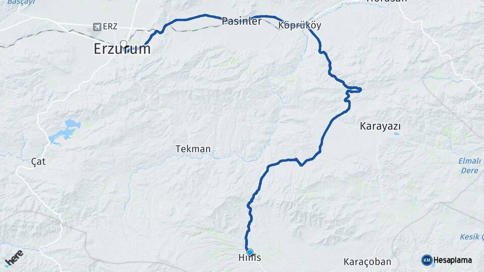 Erzurum Hınıs Yakutiye Arası Kaç Km - Yol Haritası
