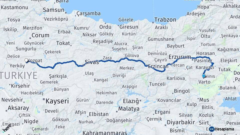 Erzurum Hınıs Yozgat Arası Kaç Km - Yol Haritası