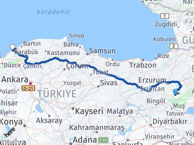 Erzurum Hınıs Zonguldak Arası Kaç Km - Yol Haritası