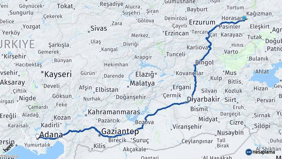 Erzurum Horasan Adana Arası Kaç Km - Yol Haritası