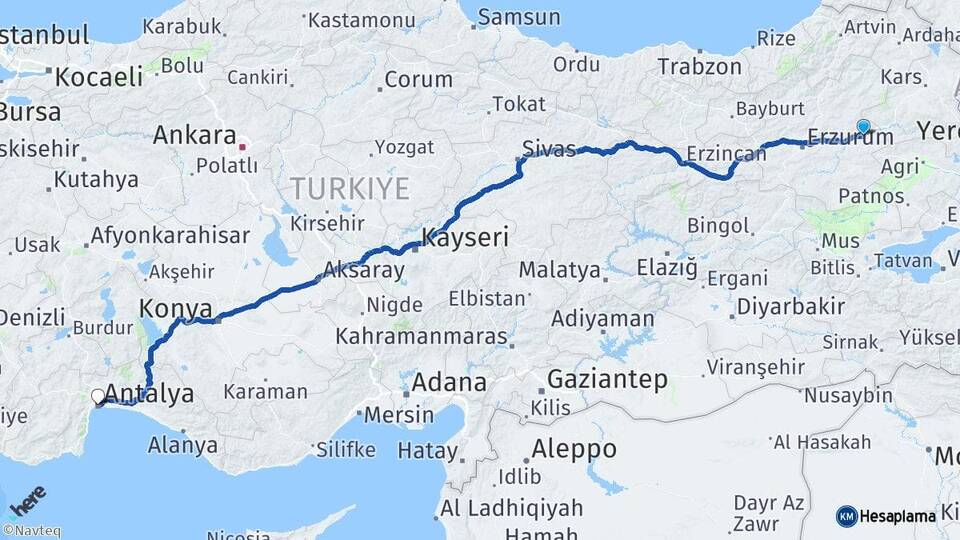 Erzurum Horasan Antalya Arası Kaç Km - Yol Haritası