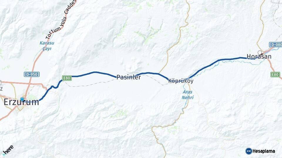 Erzurum Horasan Arası Kaç Km - Yol Haritası