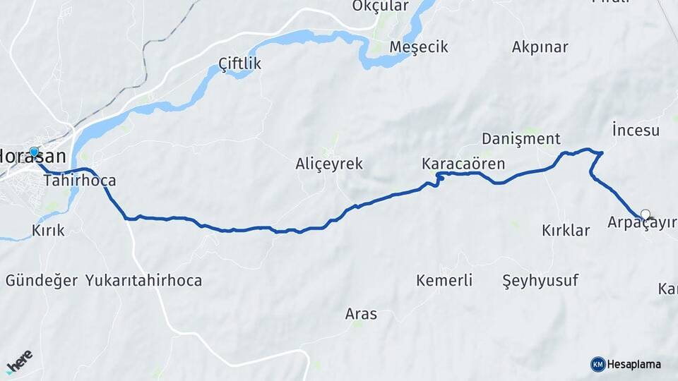 Erzurum Horasan Arpaçayır Horasan Arası Kaç Km - Yol Haritası