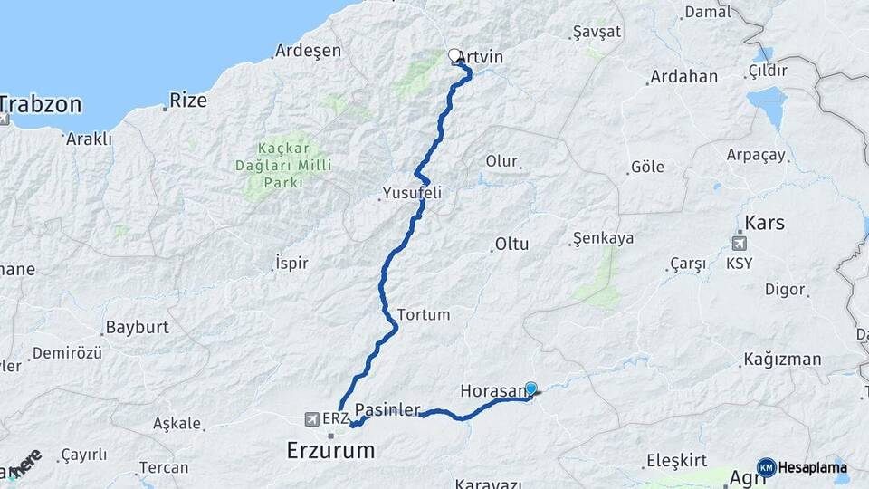Erzurum Horasan Artvin Arası Kaç Km - Yol Haritası