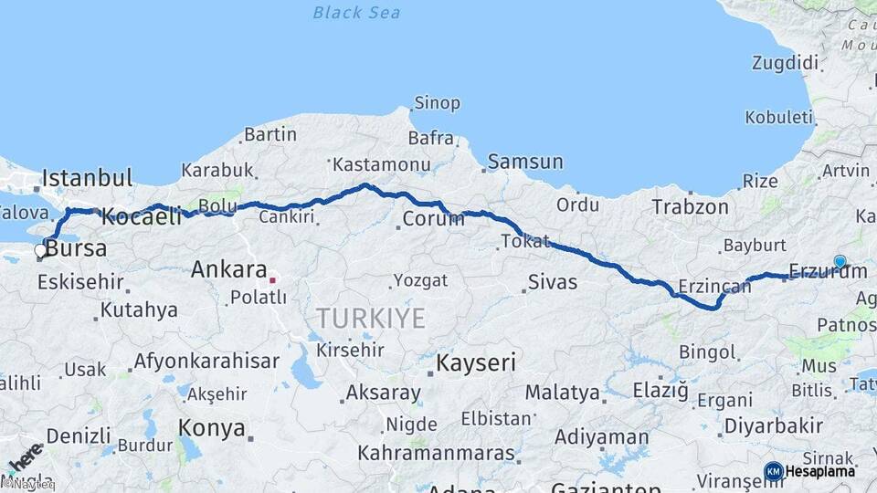 Erzurum Horasan Bursa Arası Kaç Km - Yol Haritası