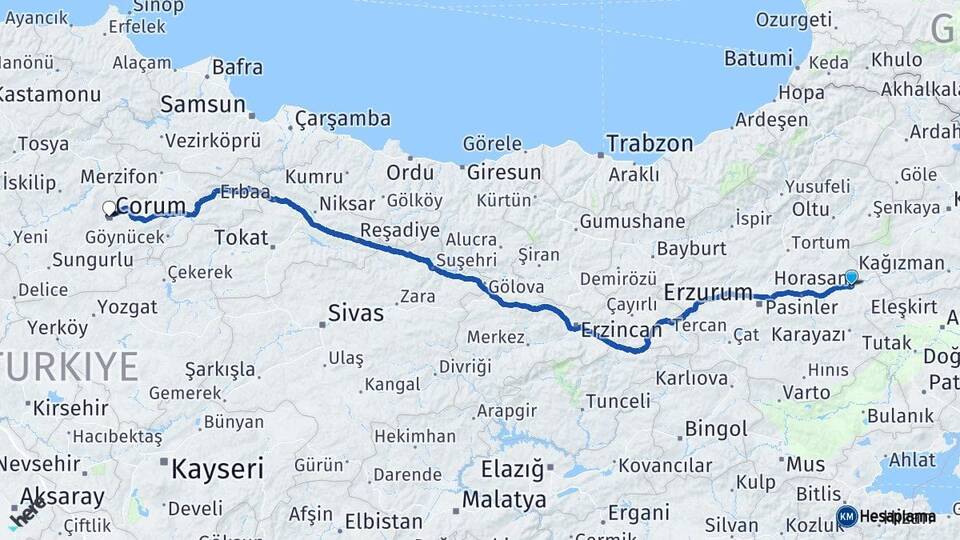 Erzurum Horasan Çorum Arası Kaç Km - Yol Haritası