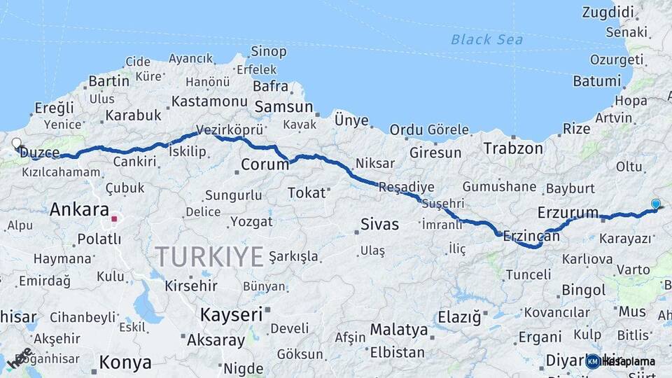 Erzurum Horasan Düzce Arası Kaç Km - Yol Haritası