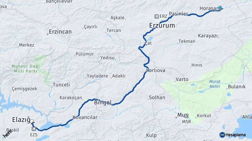 Erzurum Horasan Elazığ Arası Kaç Km - Yol Haritası