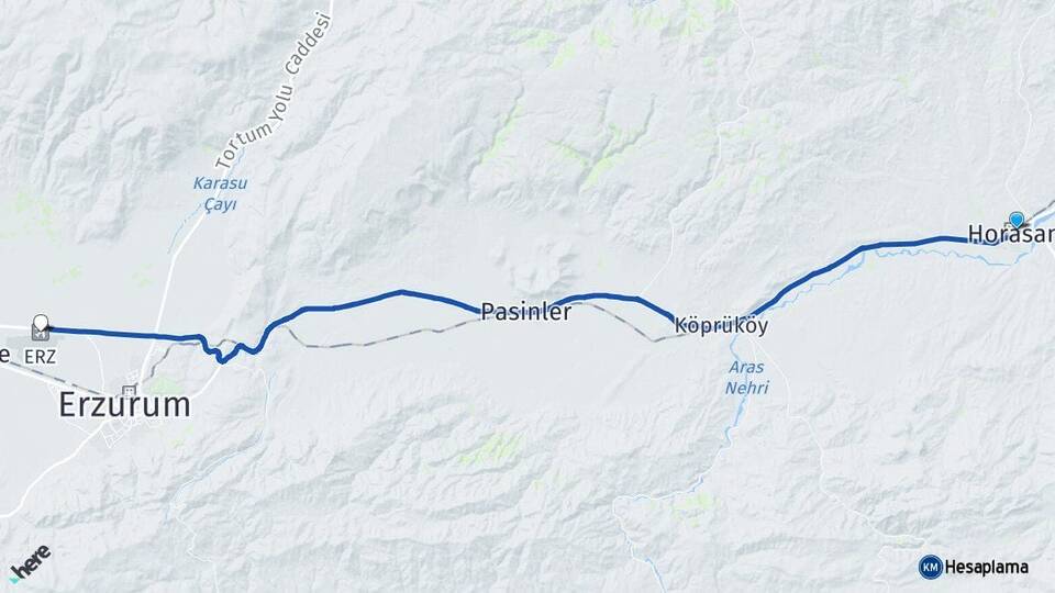 Erzurum Horasan Erzurum Havalimanı Arası Kaç Km - Yol Haritası