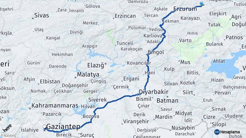 Erzurum Horasan Gaziantep Arası Kaç Km - Yol Haritası