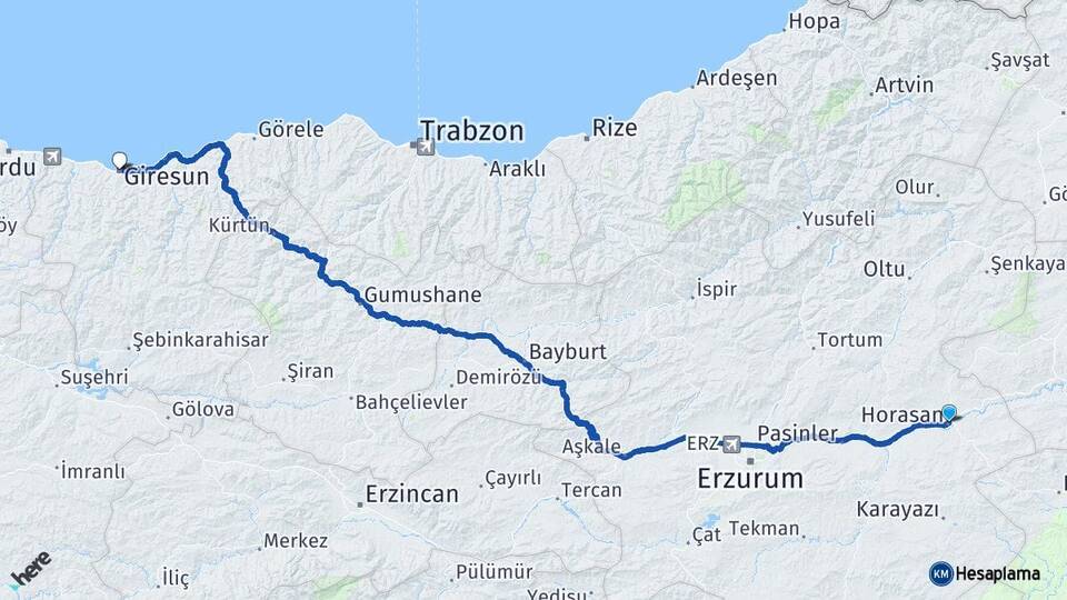 Erzurum Horasan Giresun Arası Kaç Km - Yol Haritası