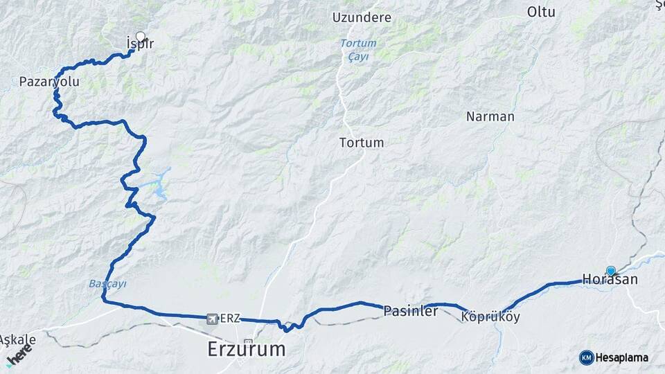 Erzurum Horasan İspir Arası Kaç Km - Yol Haritası