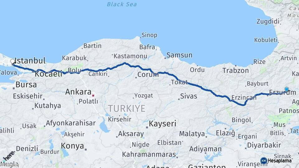 Erzurum Horasan İstanbul Arası Kaç Km - Yol Haritası