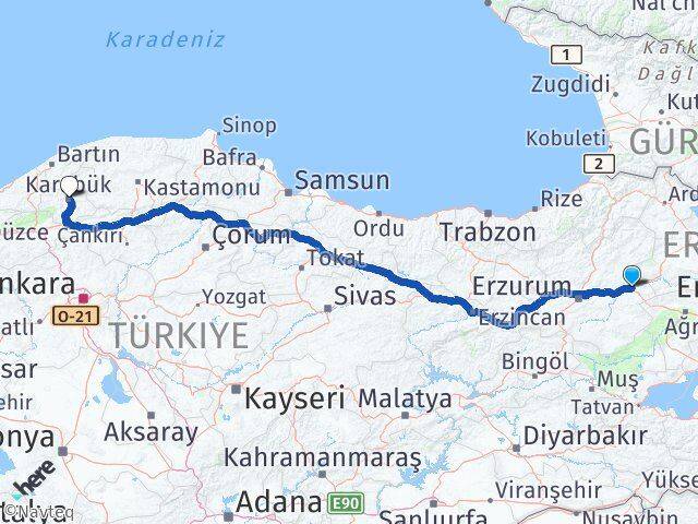 Erzurum Horasan Karabük Arası Kaç Km - Yol Haritası