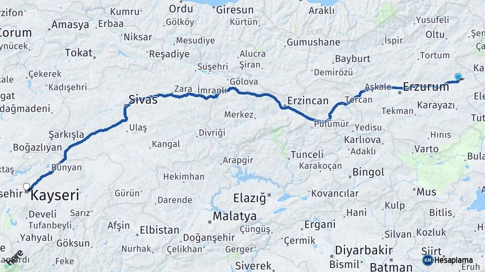 Erzurum Horasan Kayseri Arası Kaç Km - Yol Haritası