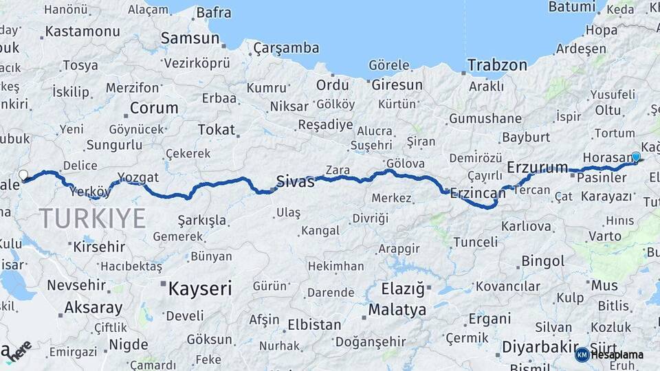 Erzurum Horasan Kırıkkale Arası Kaç Km - Yol Haritası