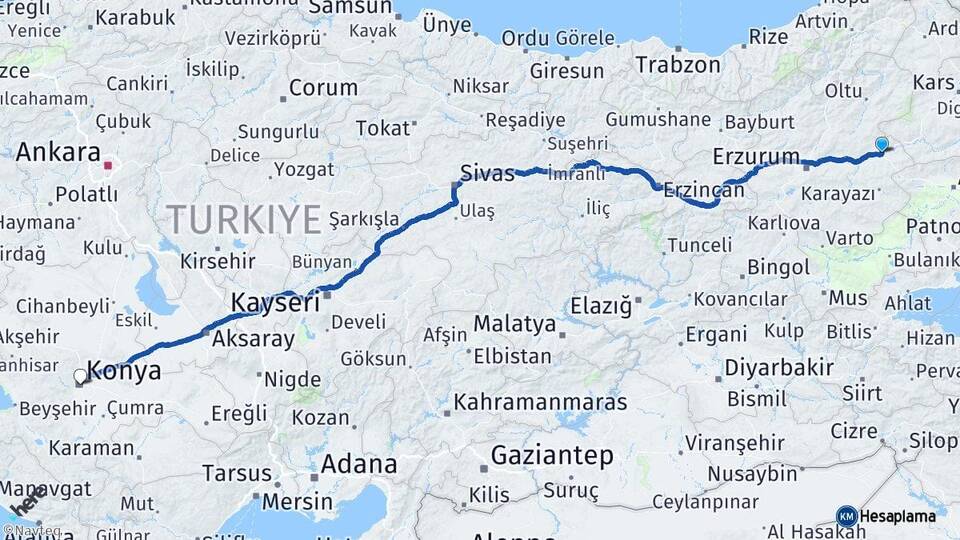 Erzurum Horasan Konya Arası Kaç Km - Yol Haritası