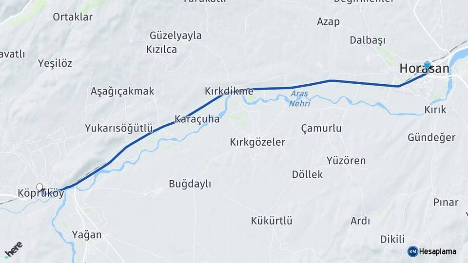 Erzurum Horasan Köprüköy Arası Kaç Km - Yol Haritası