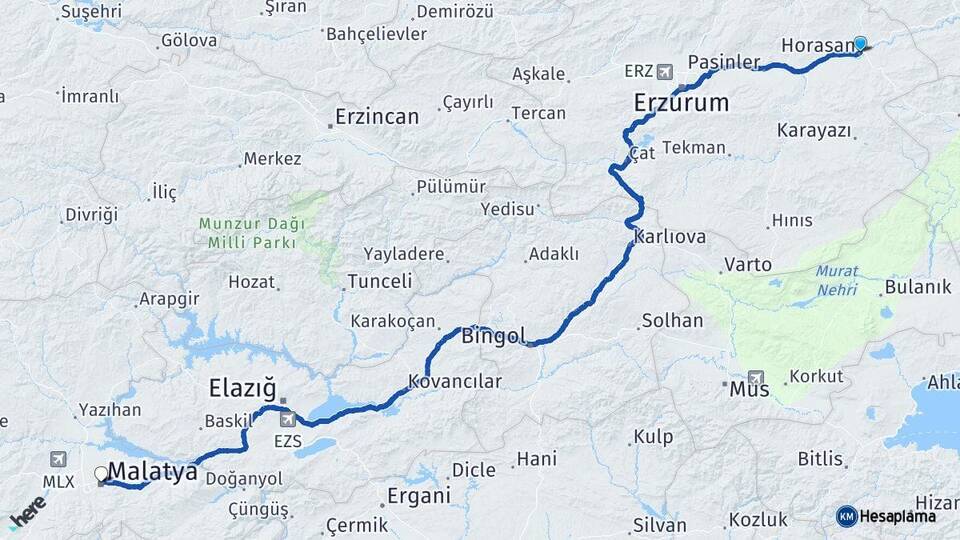 Erzurum Horasan Malatya Arası Kaç Km - Yol Haritası