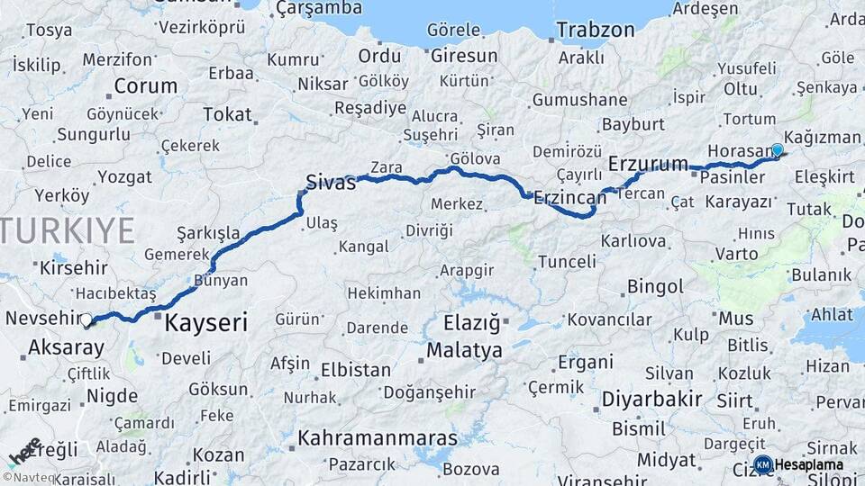 Erzurum Horasan Nevşehir Arası Kaç Km - Yol Haritası