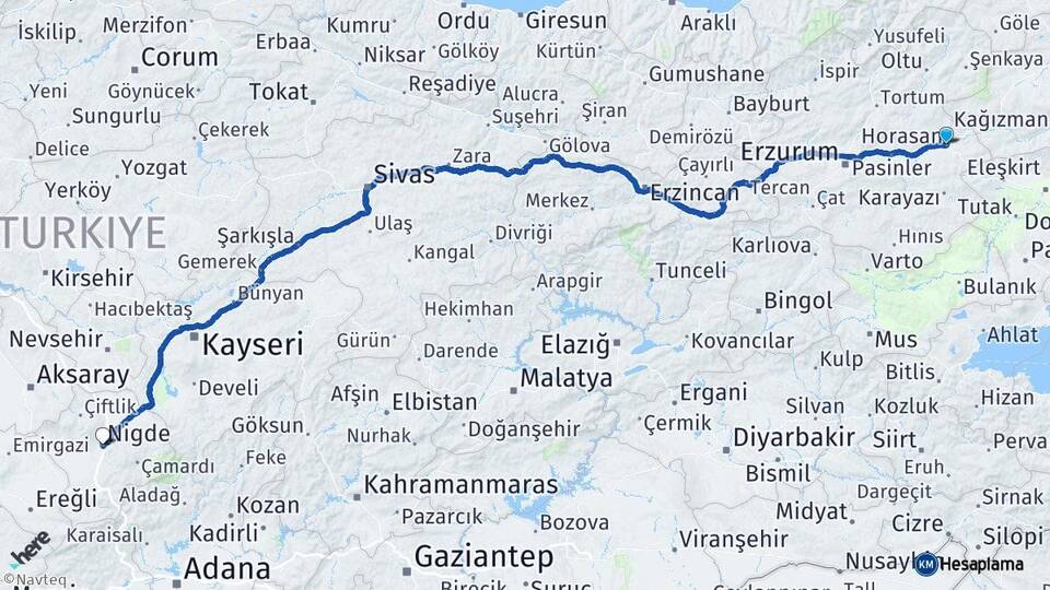 Erzurum Horasan Niğde Arası Kaç Km - Yol Haritası