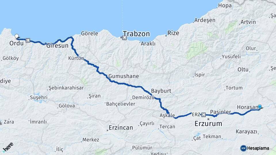 Erzurum Horasan Ordu Arası Kaç Km - Yol Haritası