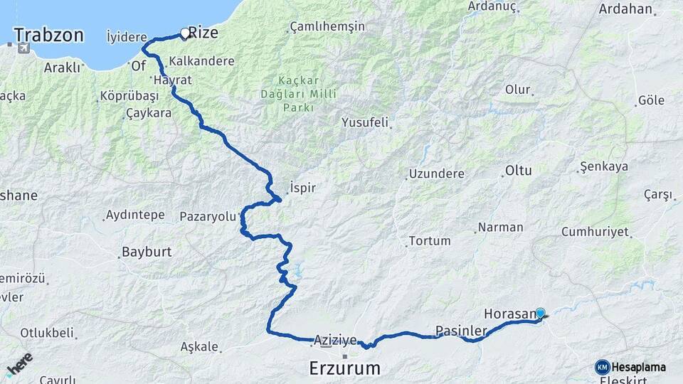 Erzurum Horasan Rize Arası Kaç Km - Yol Haritası