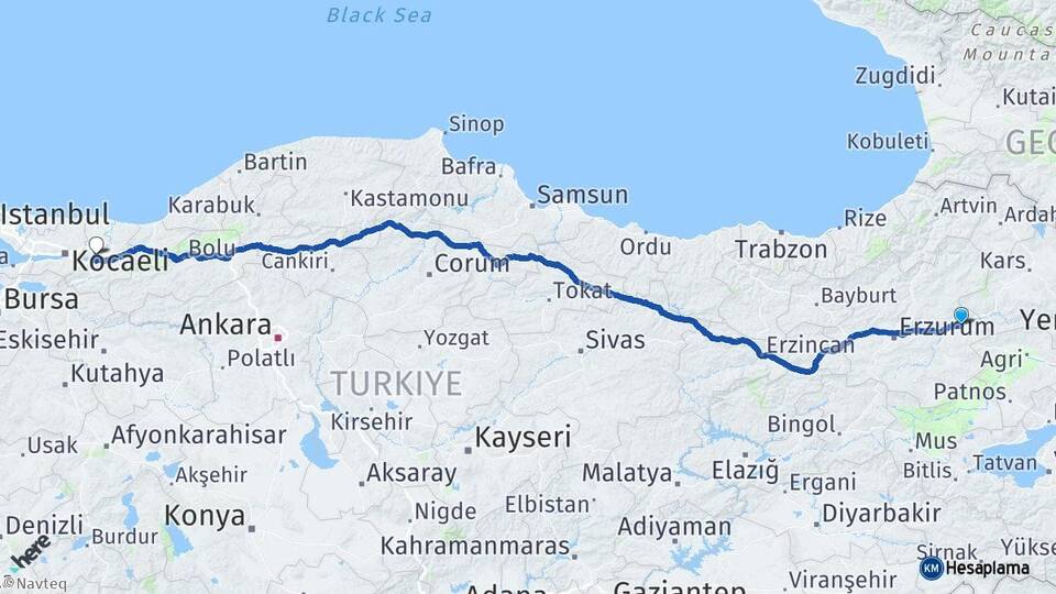 Erzurum Horasan Sakarya Arası Kaç Km - Yol Haritası