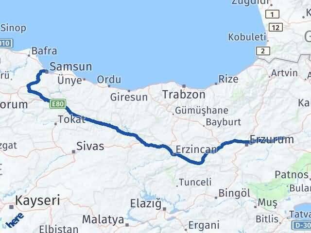 Erzurum Horasan Samsun Arası Kaç Km - Yol Haritası
