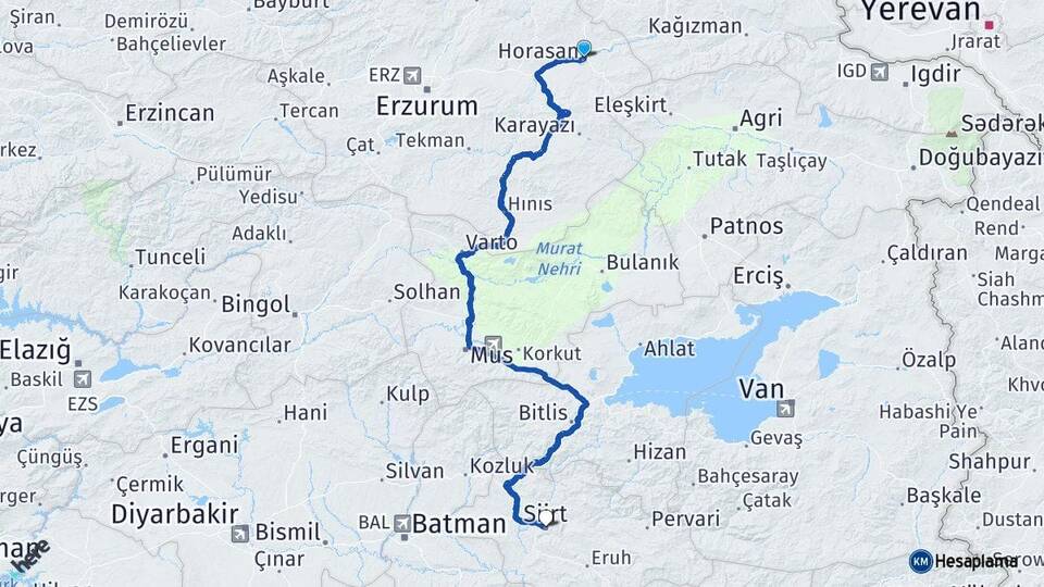 Erzurum Horasan Siirt Arası Kaç Km - Yol Haritası