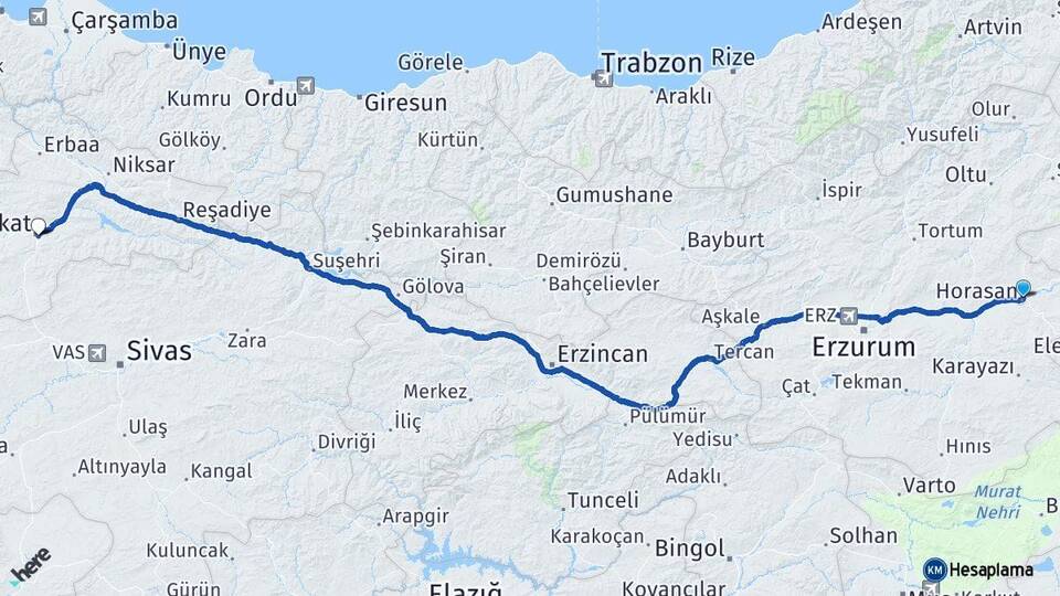 Erzurum Horasan Tokat Arası Kaç Km - Yol Haritası