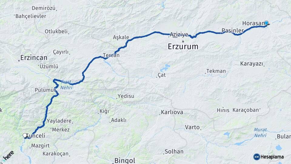 Erzurum Horasan Tunceli Arası Kaç Km - Yol Haritası