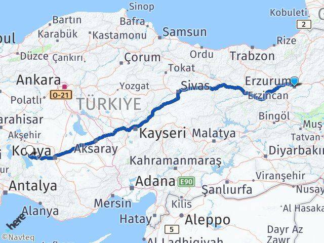 Erzurum Hüyük Konya Arası Kaç Km - Yol Haritası